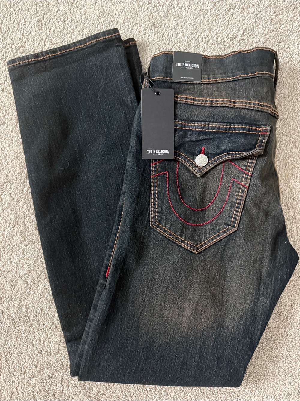 True Religion Ricky Black Jeans with Brown Fade Accents 32x34 relaxed straight